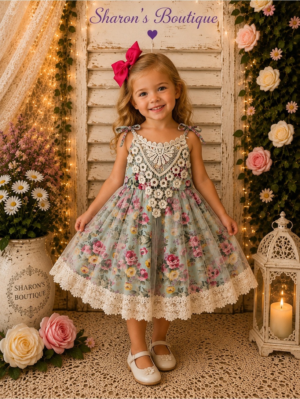 Culture Girls Size 4 NWT Floral Tulle Lace Dress + Hair Bow
